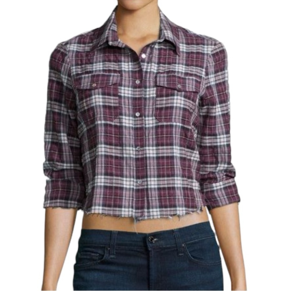 Elizabeth and James Buckley shirt wine plaid cropped frayed hem button up S
